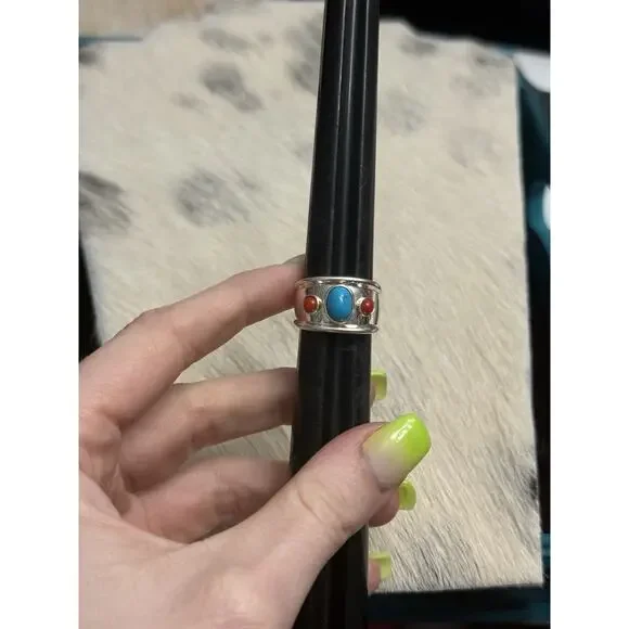 Joseph Esposito ESPO SIG 925 Sterling Silver Turquoise & Coral Wide Band Ring 7